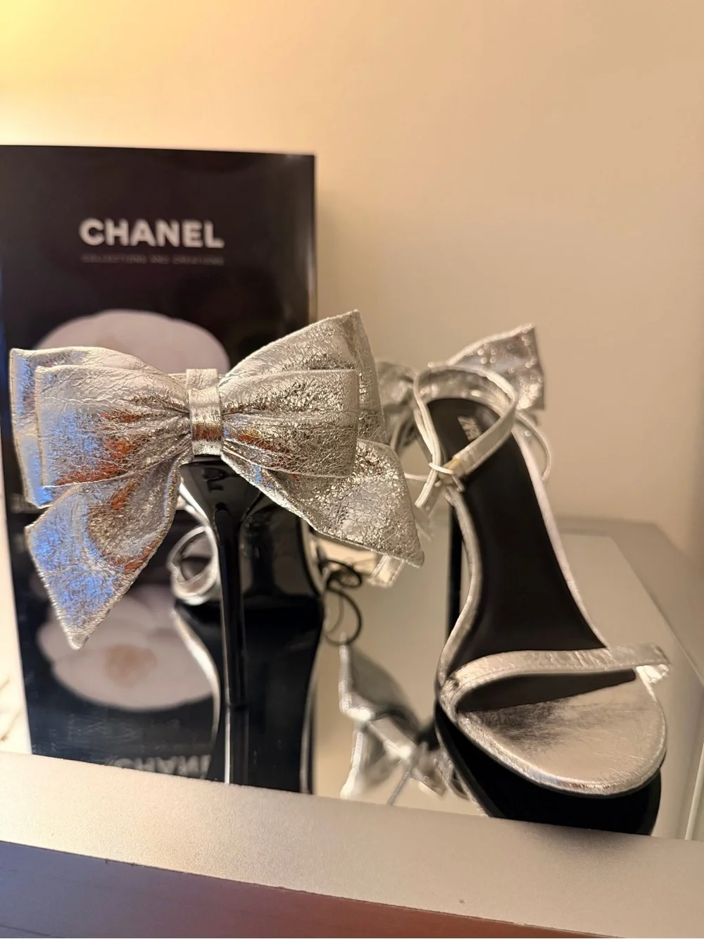 Zara Silver Metallic Bow Strappy High Heel Sandals